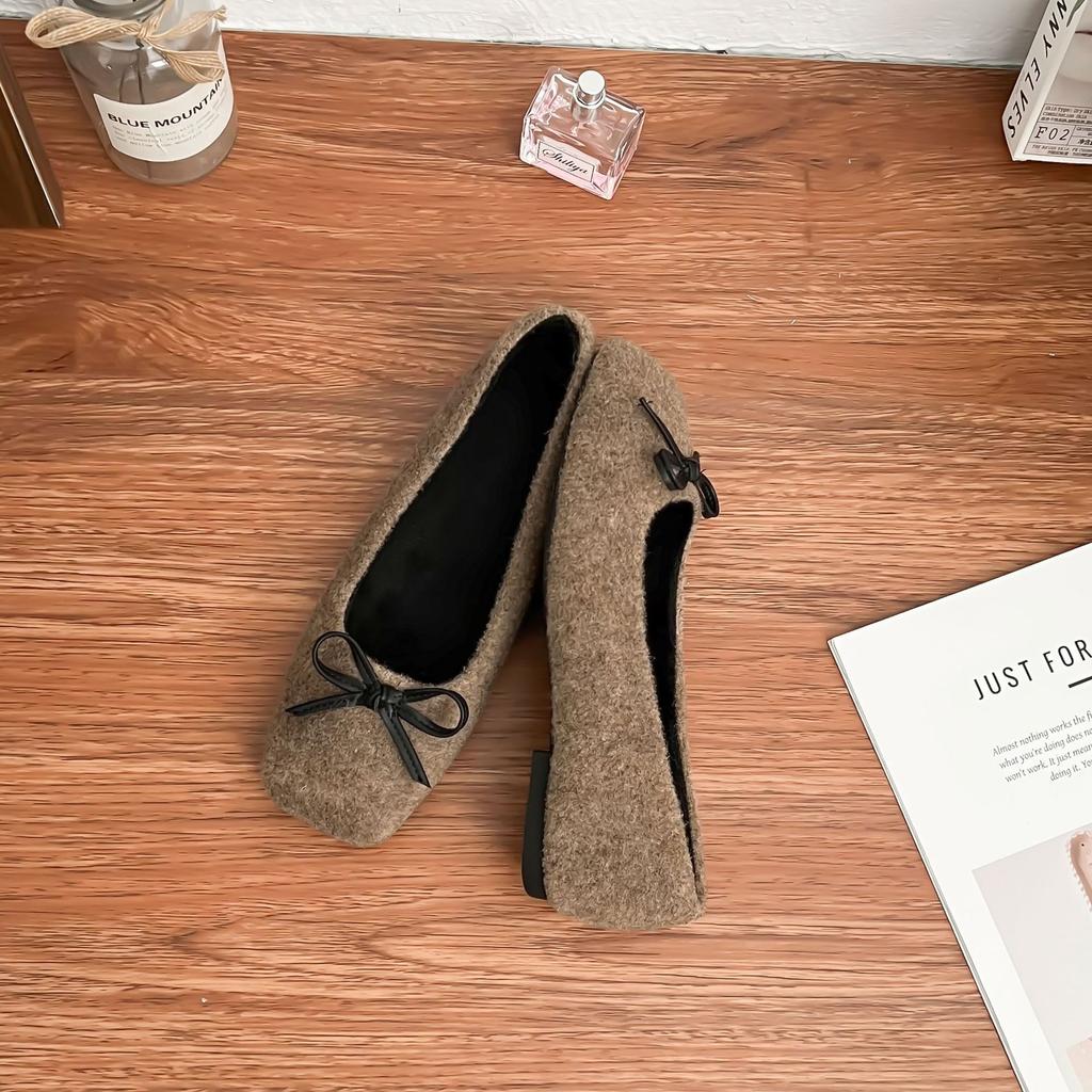 Grape mother spring new bow square head shallow mouth single shoes women 2025 Korean version soft surface flat casual shoes women