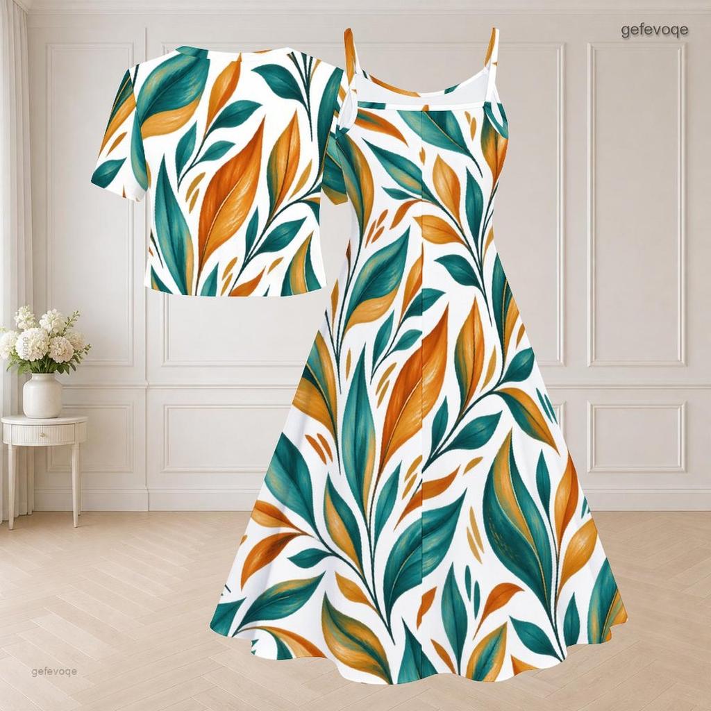 Women Plus Size Two Piece Dress Set V Neck Short Sleeve Leaf Printed Tie Front Strappy Flared Dress