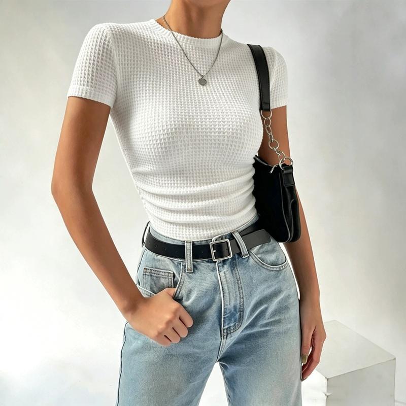 European Style Spring and Summer Slim Fit Versatile Round Neck Knitted Short Sleeve S