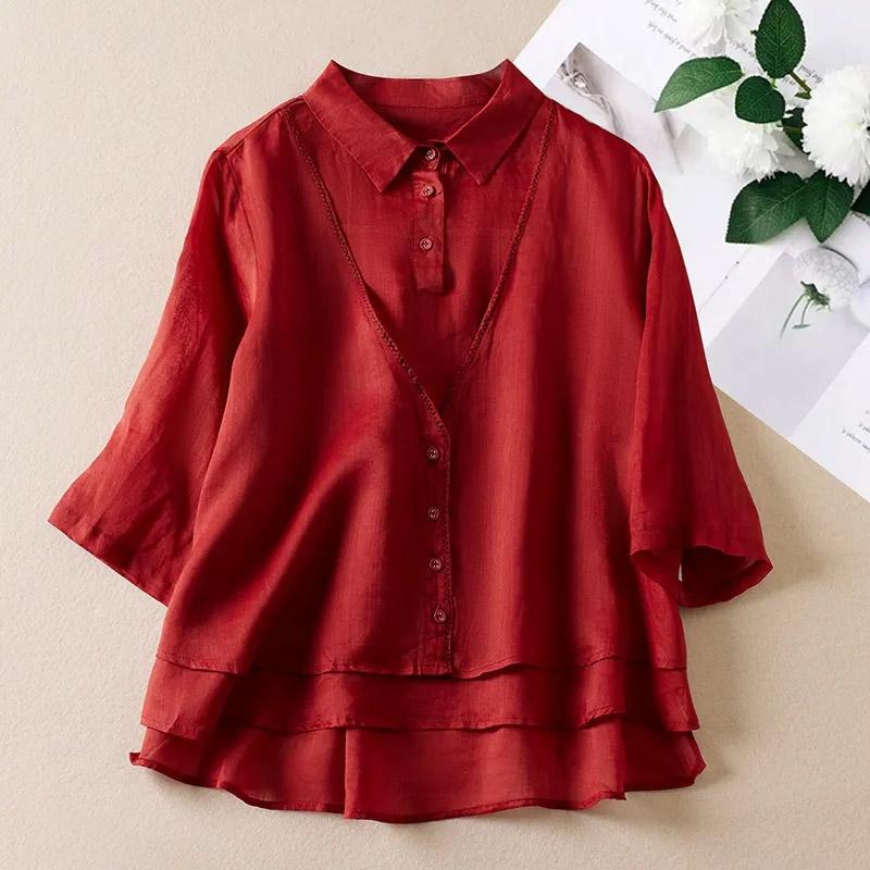 

Рубашка для женщин, свободная хлопковая блузка большого размера, повседневный свитер с длинным рукавом, ретро-подделка, две части, рубашка с короткими рукавами XXL красный