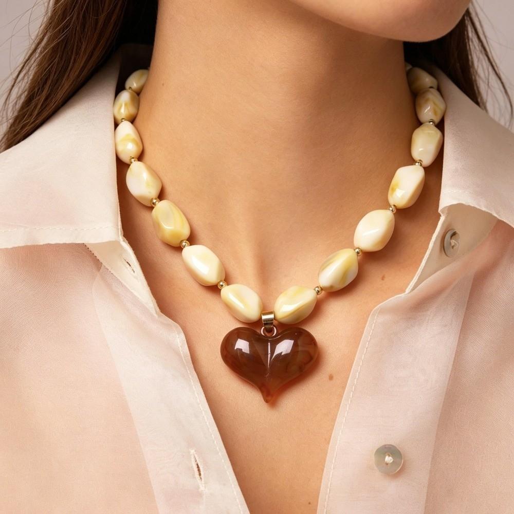 Colorful Heart Pendant Necklace Multi-Color Statement Jewelry Unique Bead Choker  Vacation Wear