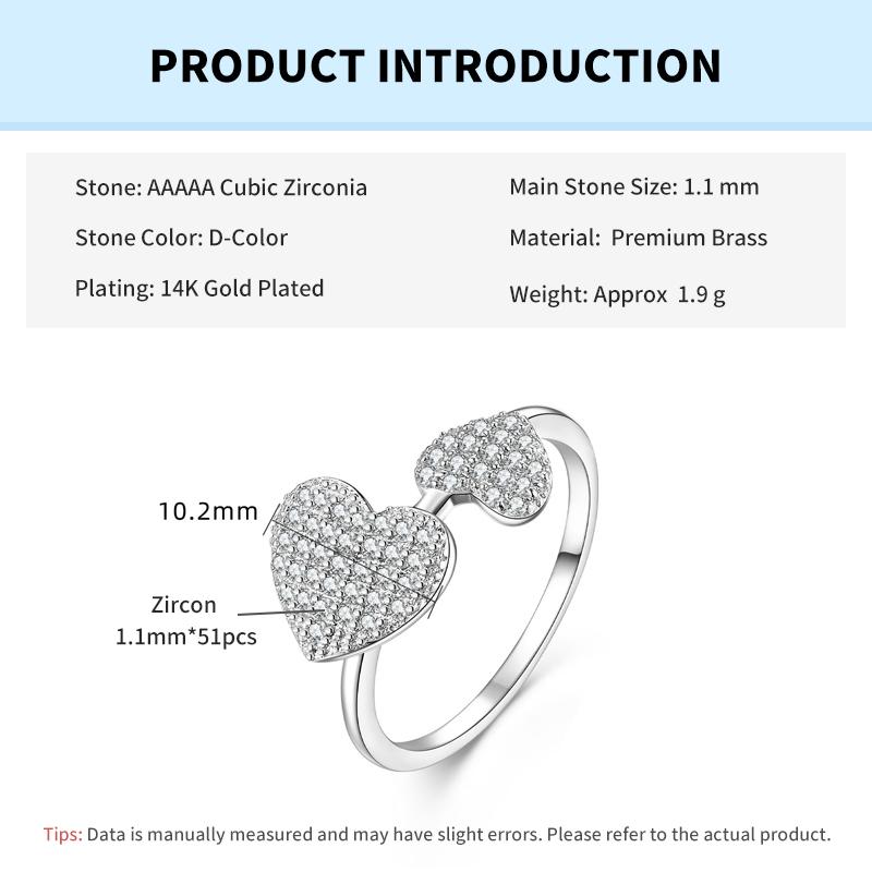 

Rrjzz Double Heart Cubic Zirconia Love Promise Rings for Women Gifts 14K Gold Plated Micro-pave CZ Lab Imitation Diamonds Ring 5