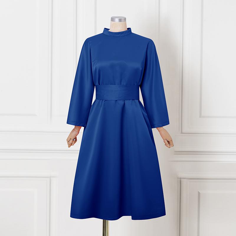 Oversized Women Stand Neck 3/4 Sleeve Bow Knot Belt Party Swing Dresses Nonelastic