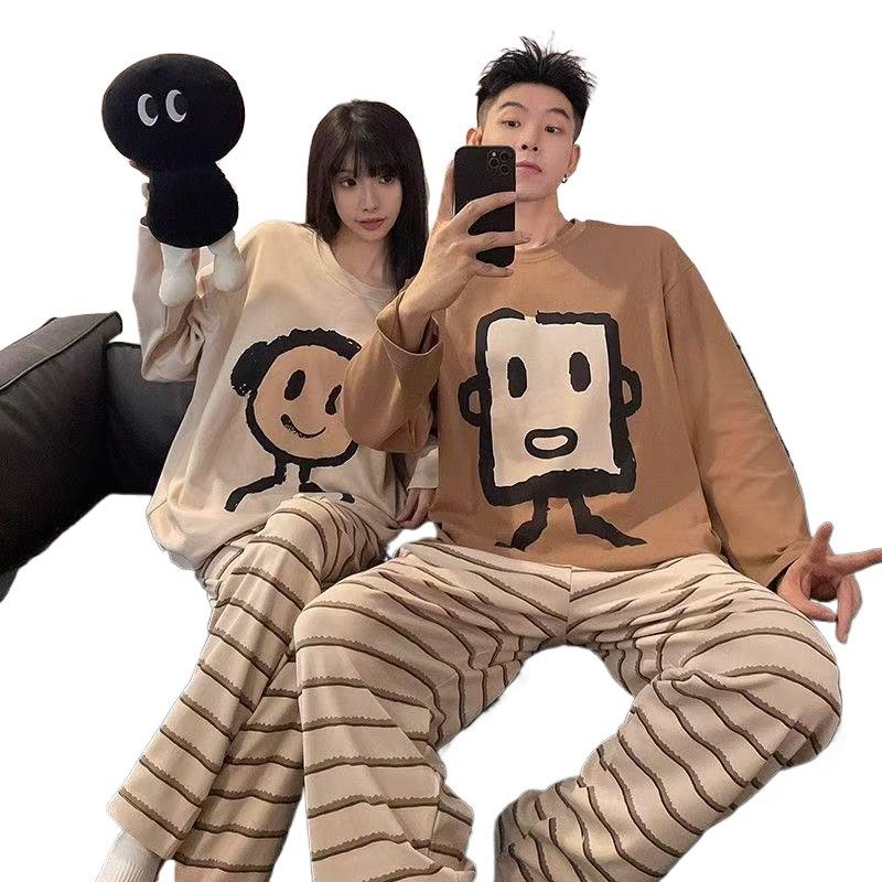 [BOGO] Cartoon Striped Couple Pajamas - Men's & Women's Plus Size, Round Neck, Long Sleeve, Spring/Autumn Korean Style Homewear Set