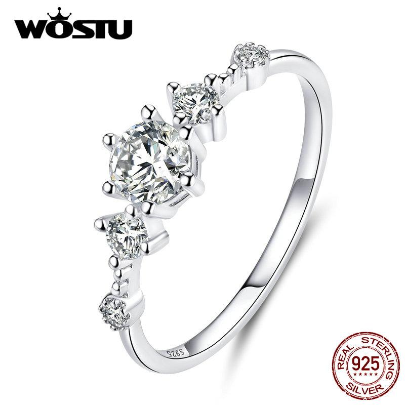 WOSTU Authentic 925 Silver Forever Clear CZ Circle Round Finger Rings Women Wedding Fine Jewelry Gift