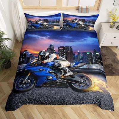 Motocross Bettwäsche-Sets, 3D-gedrucktes Muster zum Thema Extremsport-Motorrad, Bettbezug mit 2 Kissenbezügen, Erwachsene und Kinder