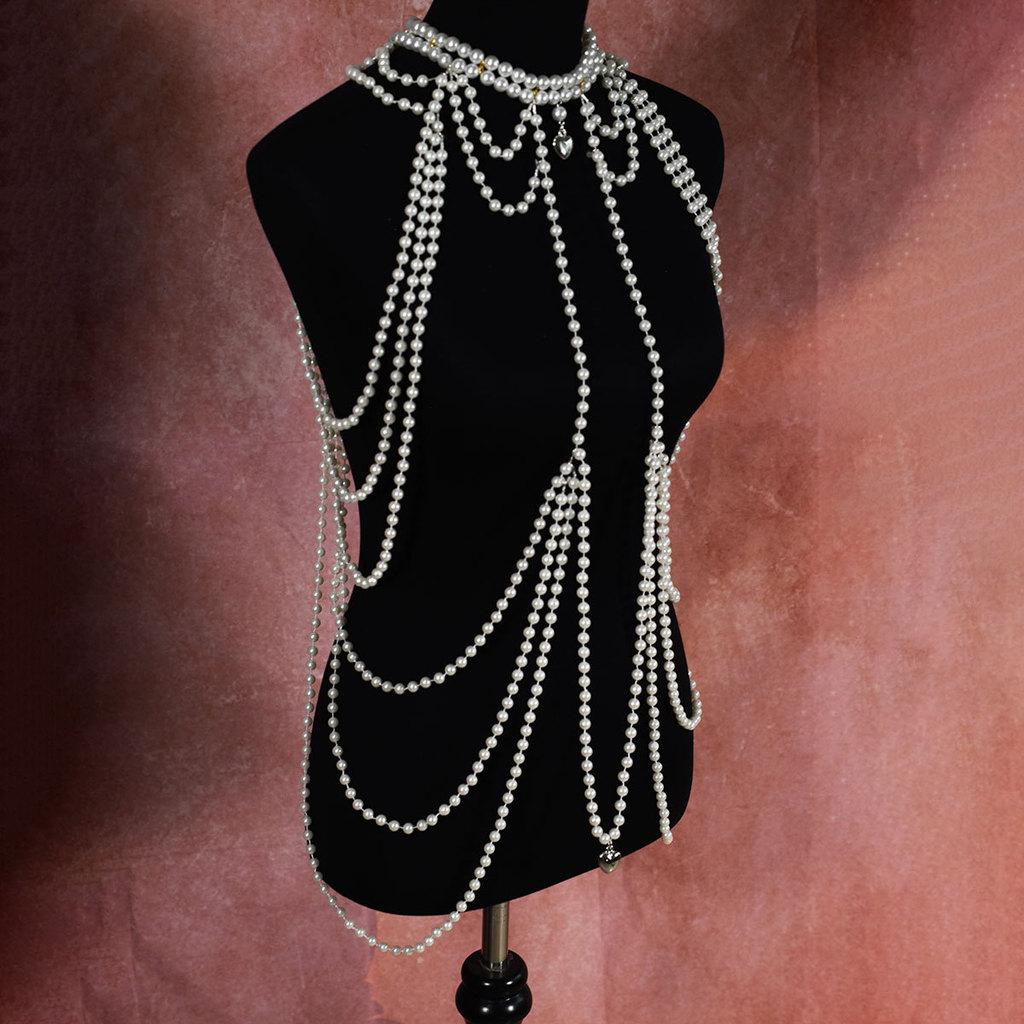 Classic Pearl Multilayer Body Chain With Heart Pendant For Elegant Party Wear