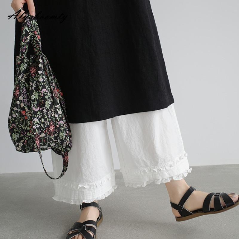 Korean Fashion Spring Summer Women Wide Leg Pants High Waist Black White Basic Cotton Capris Casual Loose Ruffles Trousers