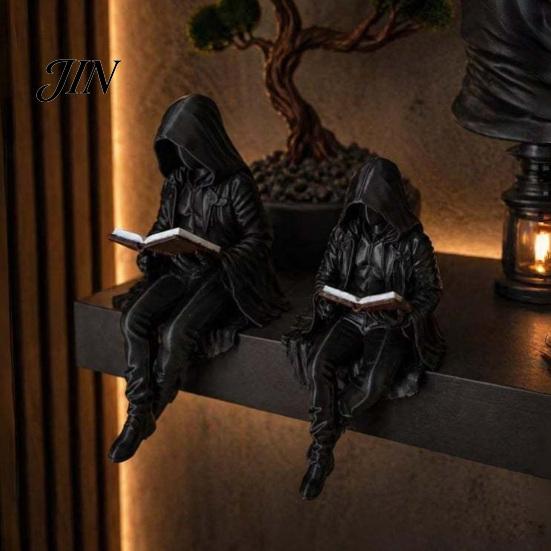 Bureau Decoratie Gotische Dark Fantasy Leesbeeldje, Mysterieus Figuur met Kap Beeldhouwwerk, Gotisch Thema Display Stuk Hars Zittende Magere Hein