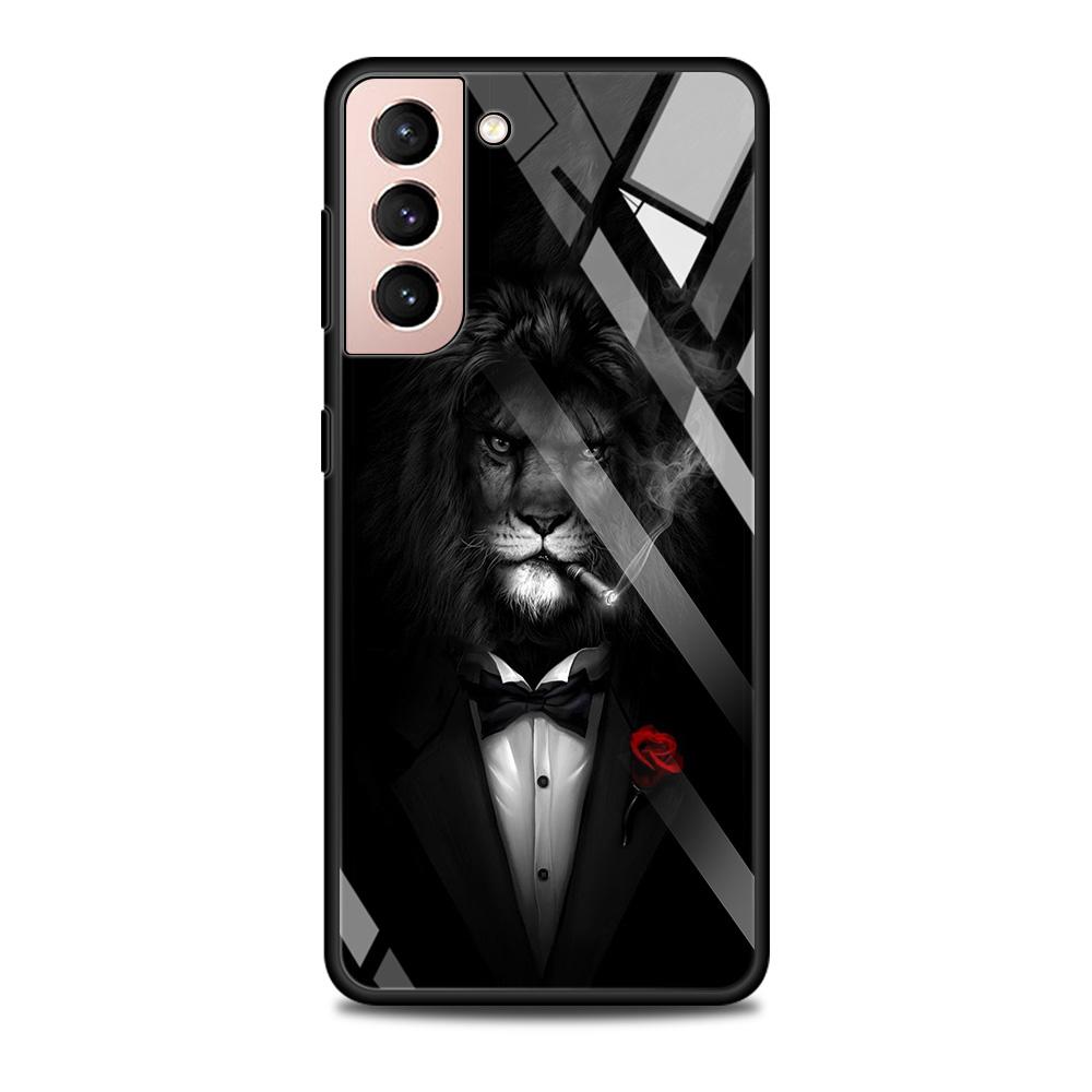 Tempered Glass Case For Samsung Galaxy S22 S20 S21 FE S10 S9 S8 Plus Ultra S10Lite Wolf Dog Cat Bird Lion Tiger Animal Shell