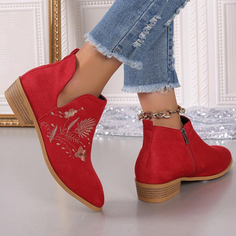 2024 Autumn New Fashion Square Heel Embroidery Women's Boots Casual Versatile Naked Boots Concise Pointed Toe Women's Shoes