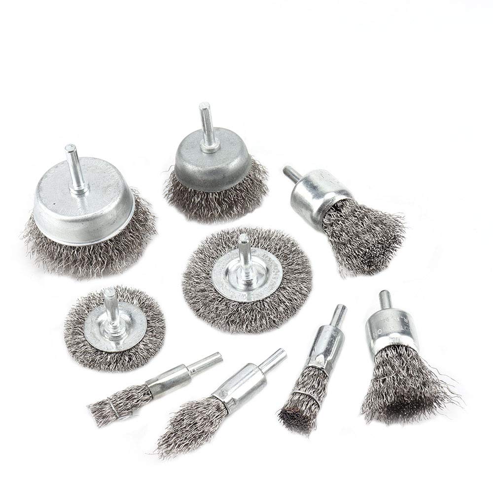 9Pcs Stainless Steel Wire Wheel & Cup Brush Set with 1/4'' Round Shank 0.0118In Coarse Crimped Carbon Steel Drill Brush for Drill Removal of