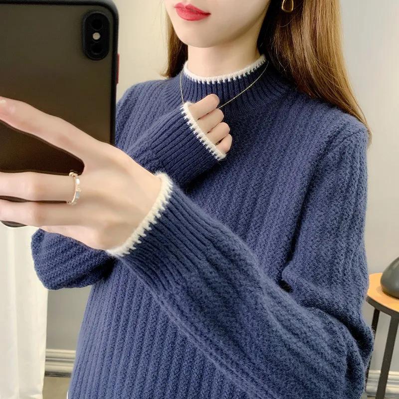 WTEMPO Thick Warm Long Sleeve Knitted Pullovers Half High Striped Sewaters Women's Autumn Winter Loose Bottoming Sweaters
