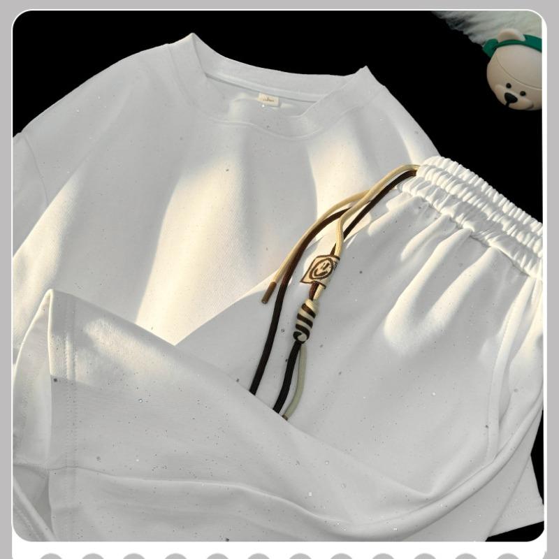 Completo Manica Corta Uomo Moda Diamante Scollo a O Maglietta a Manica Corta Larga Casual High Street Pantaloncini Neri con Coulisse