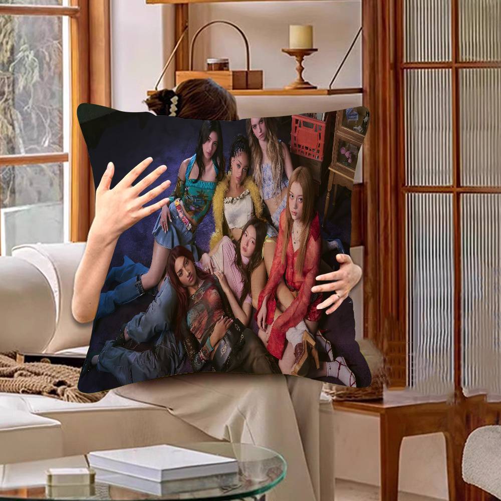 Kpop Style Band K-Katseyes Pillow Covers Cartoon Sofa Decorative Home Double-Sided Printing Short Plush Cute Cushion Cover