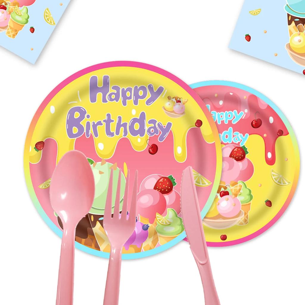 8Guests Ice Cream Theme Disposable Tableware Summer Ice Cream Plate Napkin Kids Happy ice-Cream Cone Birthday Party Supplies