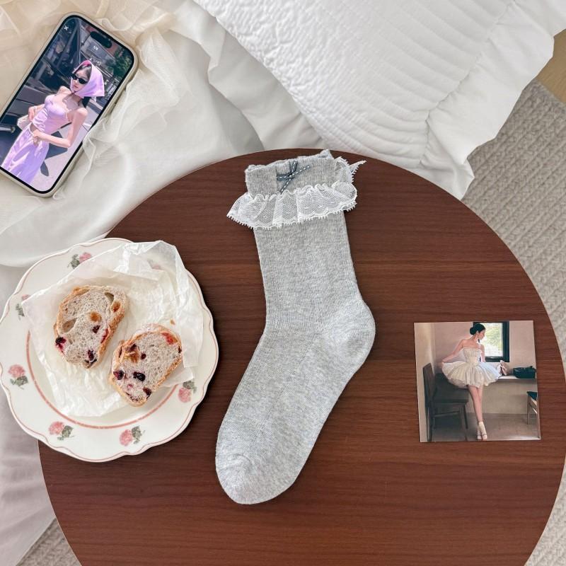 Ballet Style Middle Tube Socks Women Sweet Bow Thin Lace Korean Series Ins Boneless Pile One Size