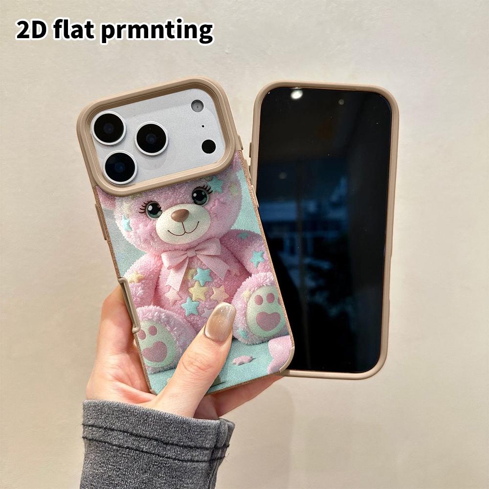 Phone Case: 2D flat lambskin suitable for iPhone 18 17 16 15 14 13 Pro protective case, pink little bear, Christmas and Halloween gift