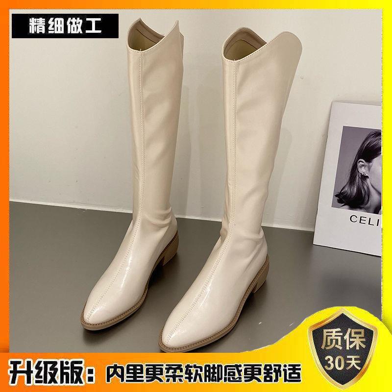 Short Boots Coarse Heel Autumn Beige Tall Western Skinny Boots Cowboy Single Boots Pointed Middle Heel Women's Boots