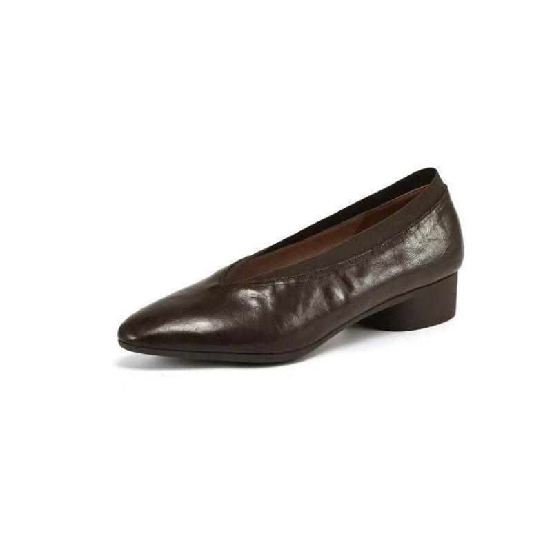 One pedal medium and low temperament retro pointed elastic mouth spring new real soft leather women