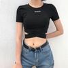 Summer Black T-shirt Women's Short Sleeve Cross Lace-up Sports Dancing Tight Short Top