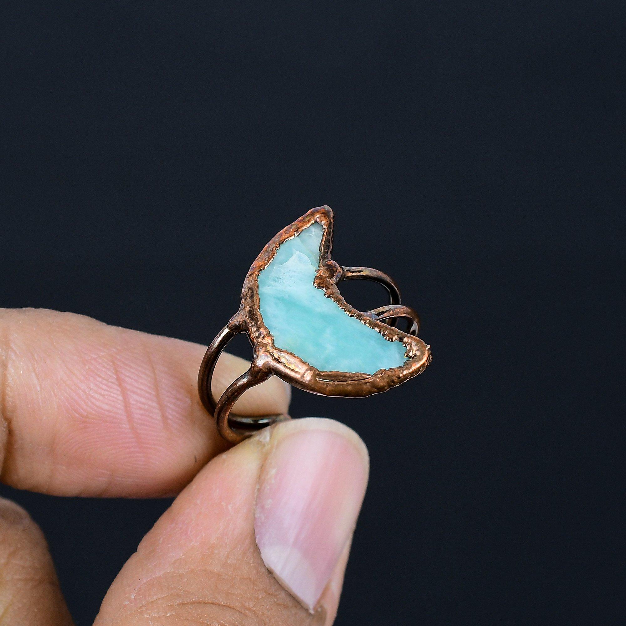 

Larimar Handmade Gemstone Ring, Copper Electroformed Ring Antique Jewelry, Adjustable Ring Engagement Gift