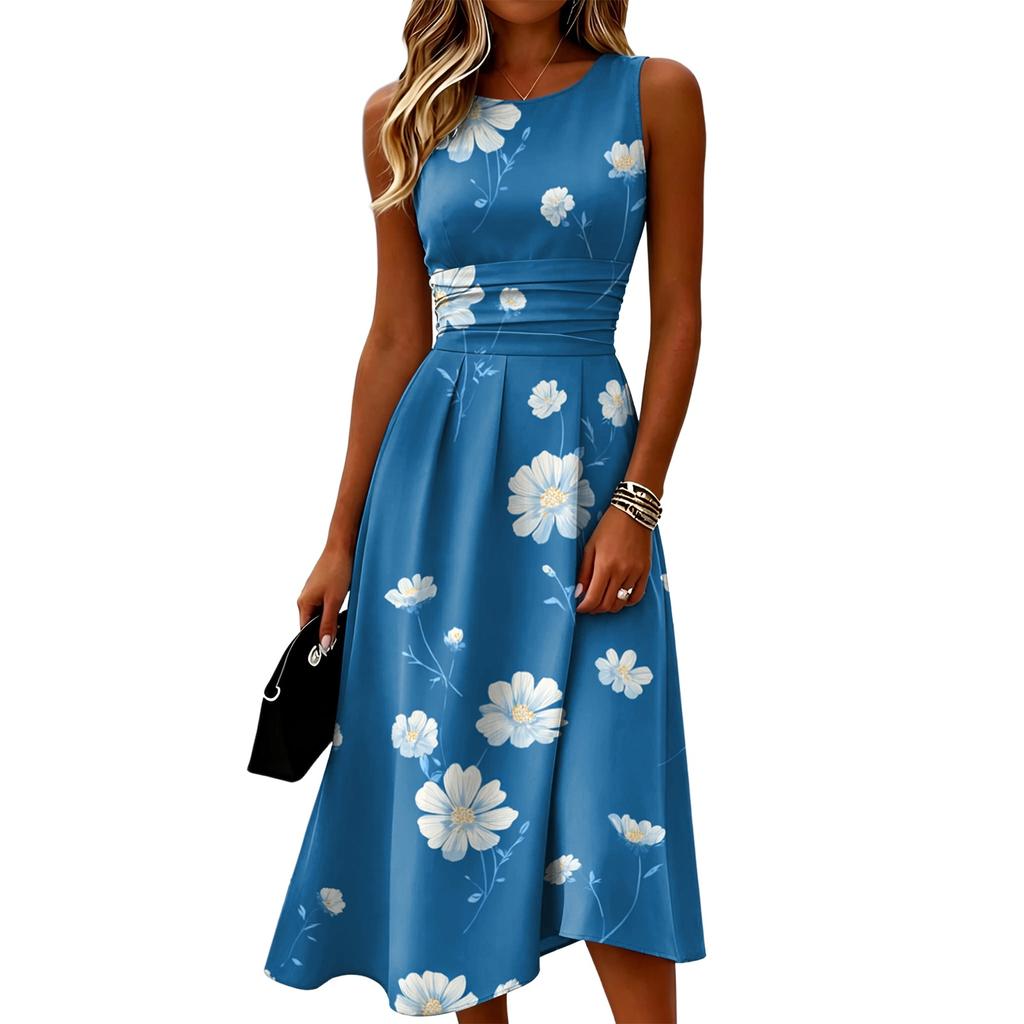 Sleeveless Casual Midi Dress for Women Floral Print Round Neck A-Line Fit and Flare Summer Dress with Waist Detail