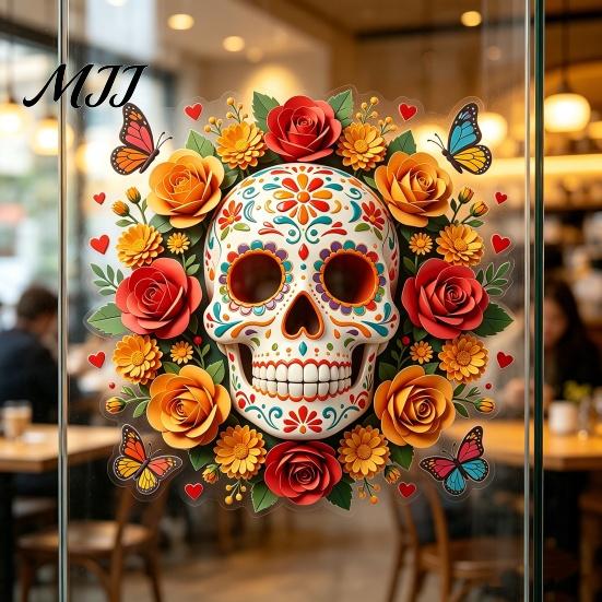 Reusable Floral Skull Stickers Day of The Dead Flower Static Sticker, Colorful Mexican Glass Waterproof Outdoor Holiday Decorations Halloween