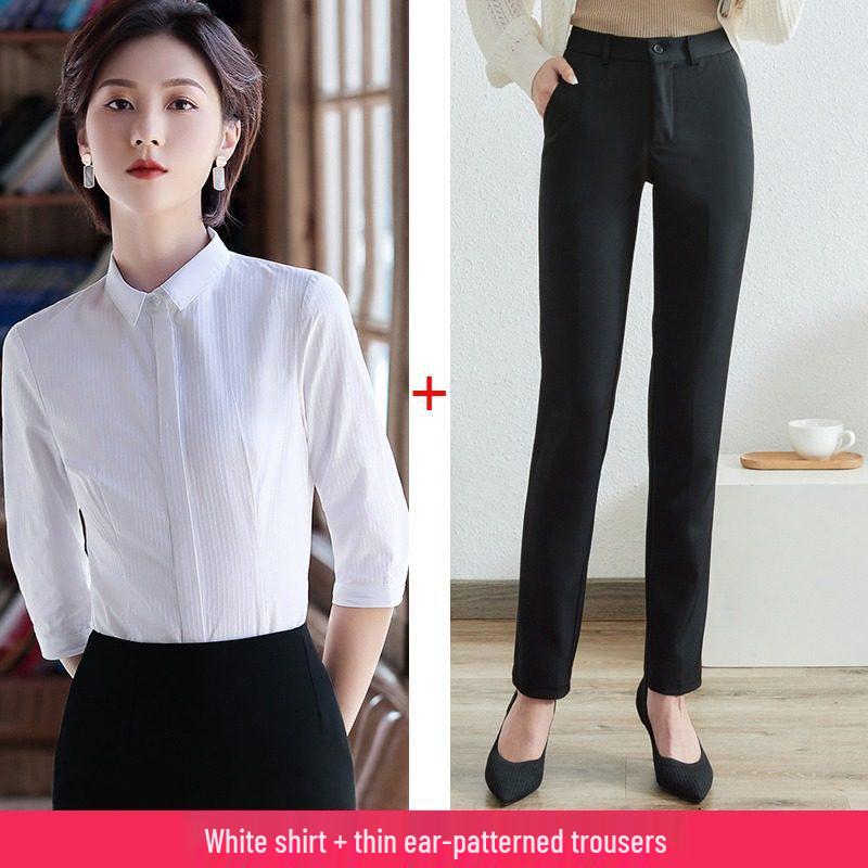 Women's Blue Striped Slim-Fit Work Shirt with Mid-Length Sleeves for Spring/Summer