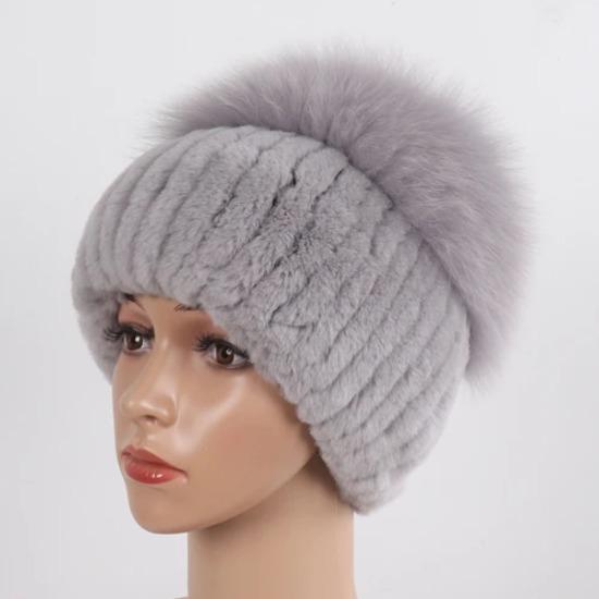 Women Winter Real Fur Hat Scarf 2 Pieces Knitted Rex Rabbit Fur Hat Top Natural Fox Fur Cap Scarves Sets Lady Warm Real Fur Caps
