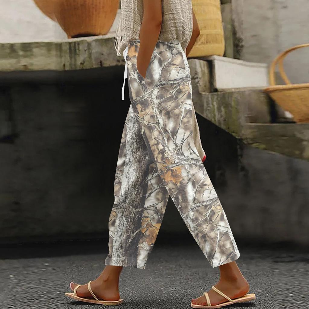 Women's fashion printed drawstring pocket elastic waist casual pants