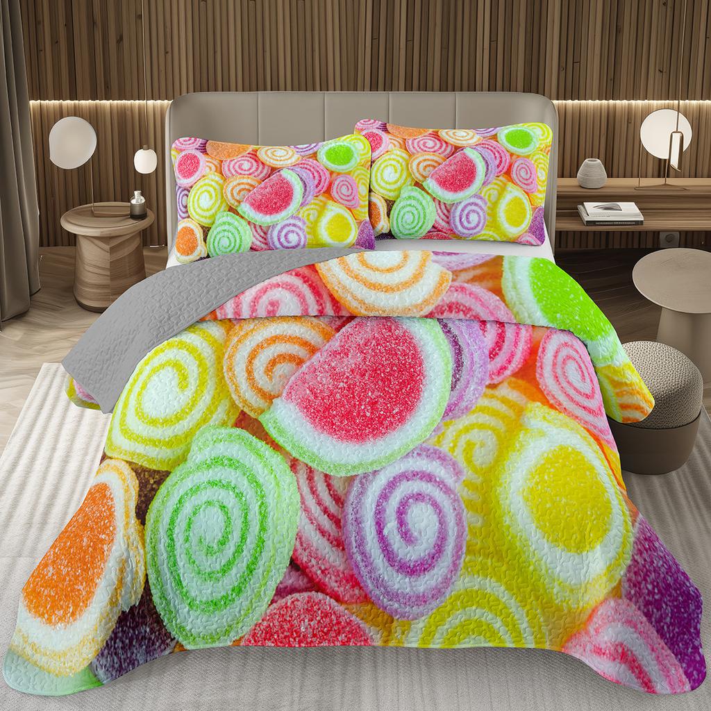 Søtt godteri dynesett for jenter gutter tenåringer, Lollipop-tema sengeteppe sett King dessert quiltet overkast tegneseriestil sengetøy