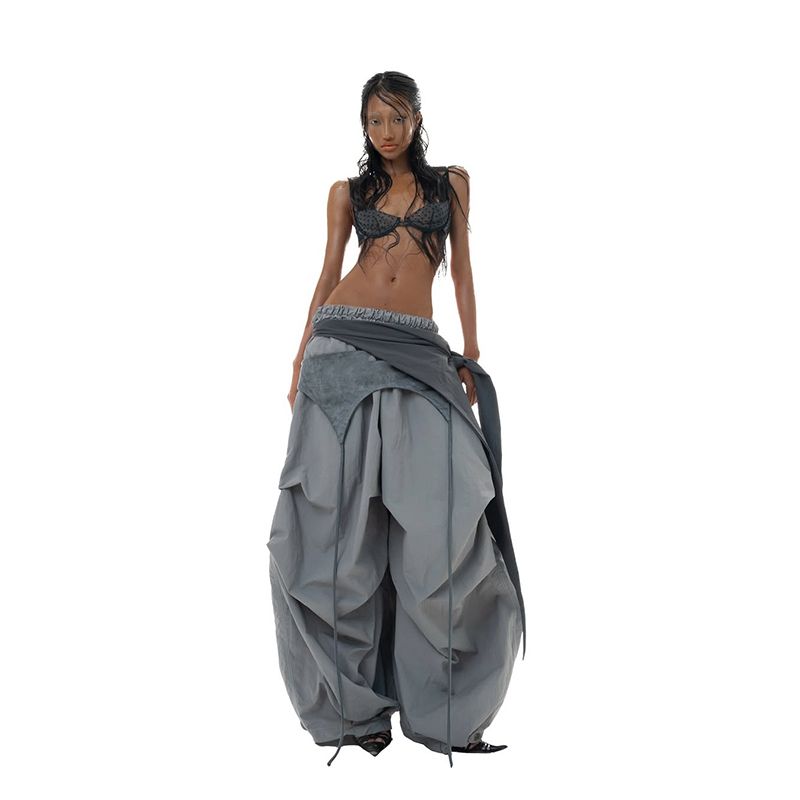 

Kkx Street Stylish Multi-Layer Asymmetrical Loose Pants American Sexy Wind Leg Slimming Contrast Color Strap Cargo Pants Gray L