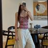 American Retro Sexy Contrast Color Plaid Printed Camisole Women's Stylish Silm Short Sexy Midriff-Baring Top