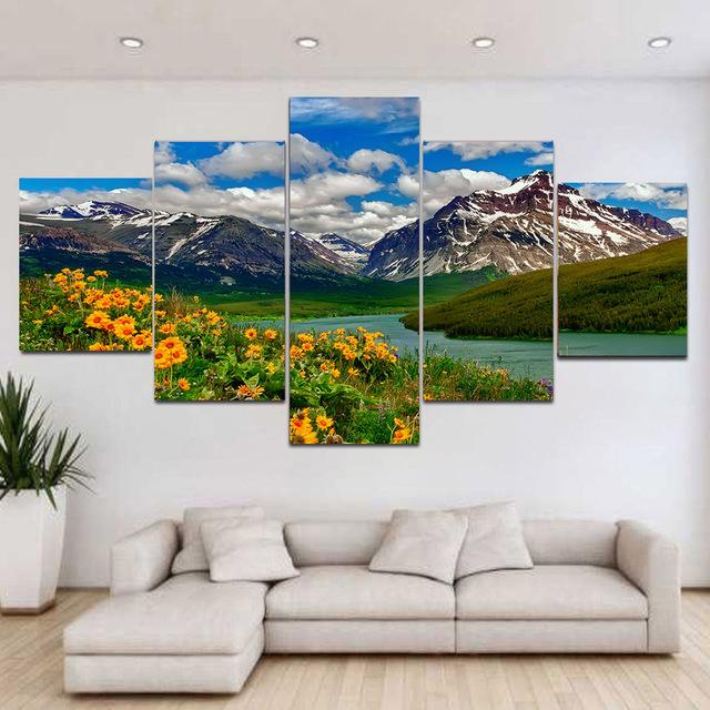 5 панелей пейзаж лавандовое поле горы солнечный свет холст картины постеры и принты — фото 8