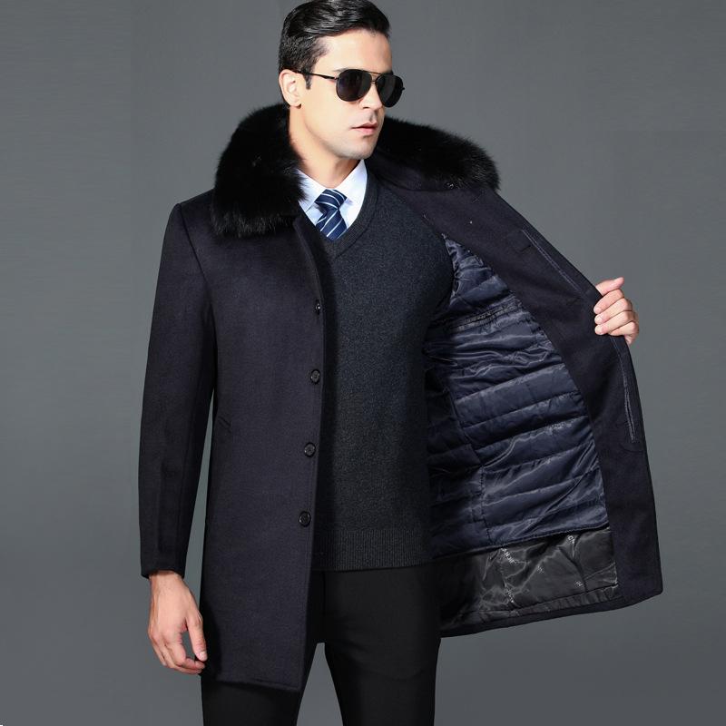 

Зимнее пальто для папы с воротником из натурального меха кролика, мужское шерстяное пальто средней длины со съемной подкладкой для людей среднего и пожилого возраста 195