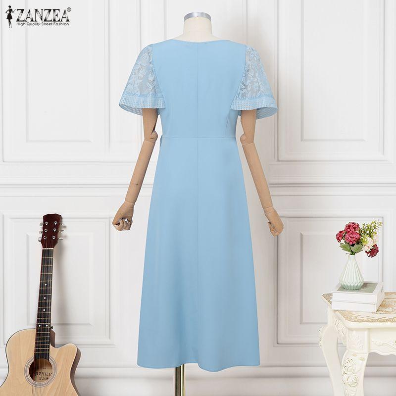 ZANZEA Women Elegant Square Collar Short Sleeve Lace Patchwork Dress