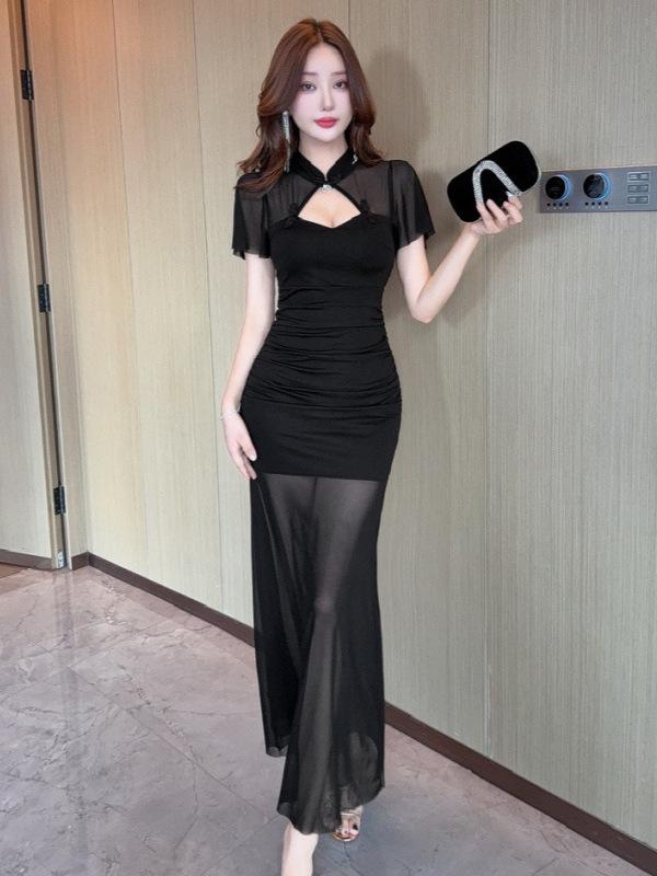 Women's Nightclub Foot Massage Technician Dress - Mesh Stitching Hip-Wrap Design