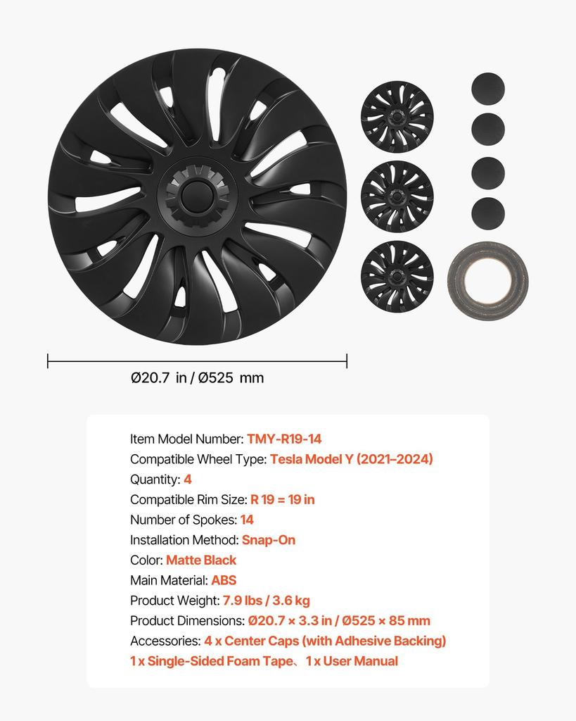 Hubcaps Wheel Covers for 2021-2024 Tesla Model Y, 19 Inch Set of 4 Wheel Rim Cover Hubcaps OEM Style Replacement, R19 Size Snap On Car Hub Caps,