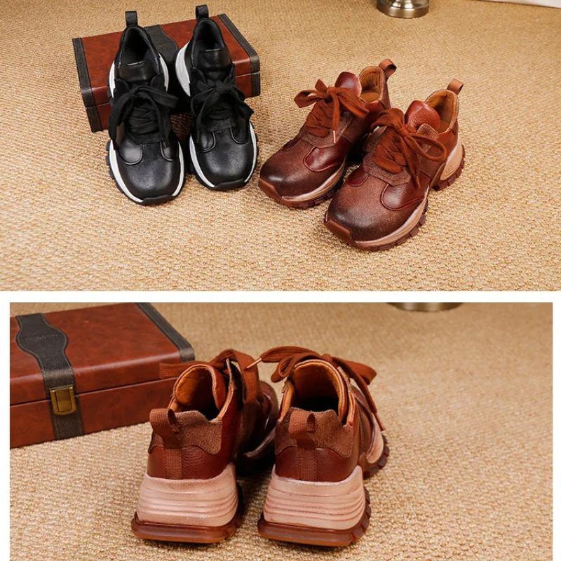 Johnature Genuine Leather Lace Up Casual Women's Shoes Sports Style Flat Versatile Four Season Shoes