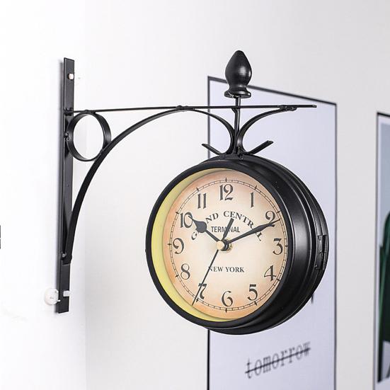 Vintage Wall Clock with Iron Rack Europe Double-sided Battery Operated Living Room Bedroom Indoor Digital Analog Clock Home Decoration Gift