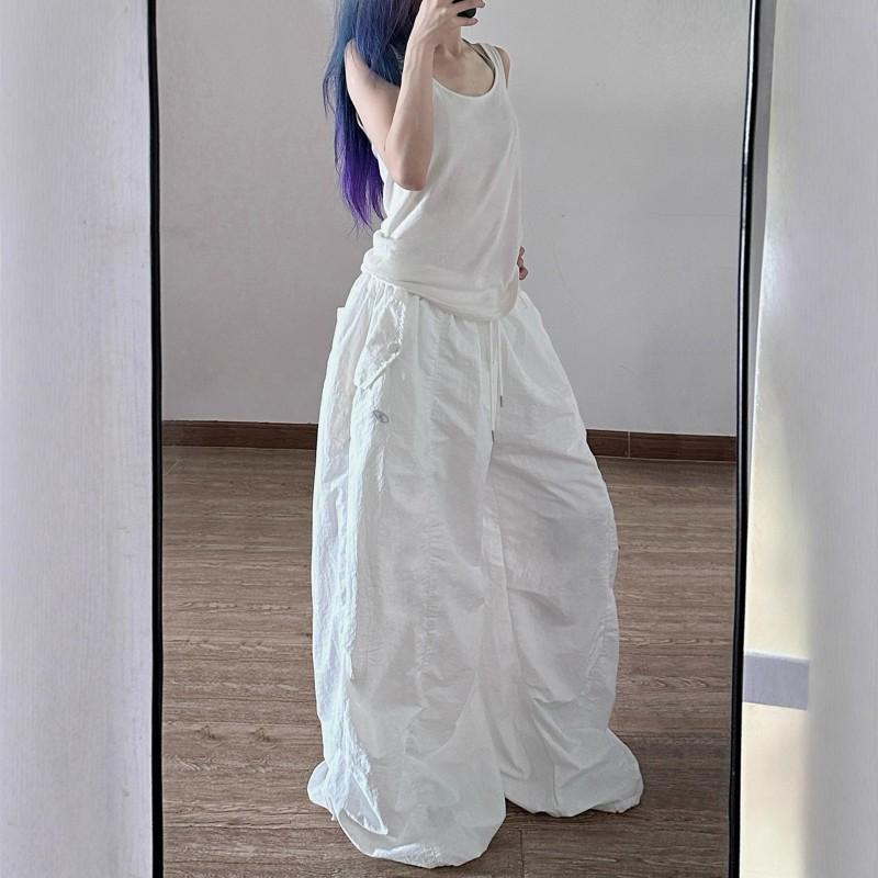 Womens White Loose Fit Cargo Pants Thin Quick Dry Nylon Streetwear Joggers Jazz Dance