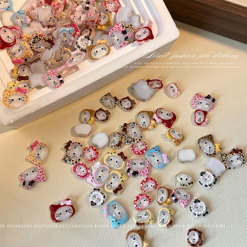 10Pcs/Bag 3D Cartoon Hello Kitty Nail Charms Mixed Resin Kitty Cat With Bowknot Nail Art Decoration Kawaii Glittery Kt Nail Part