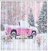 Valentine's Day Shower Curtain Romantic Farmhouse Pink Truck with Snow Tree Fabric Valentine Bathroom Curtain with Hook Washable