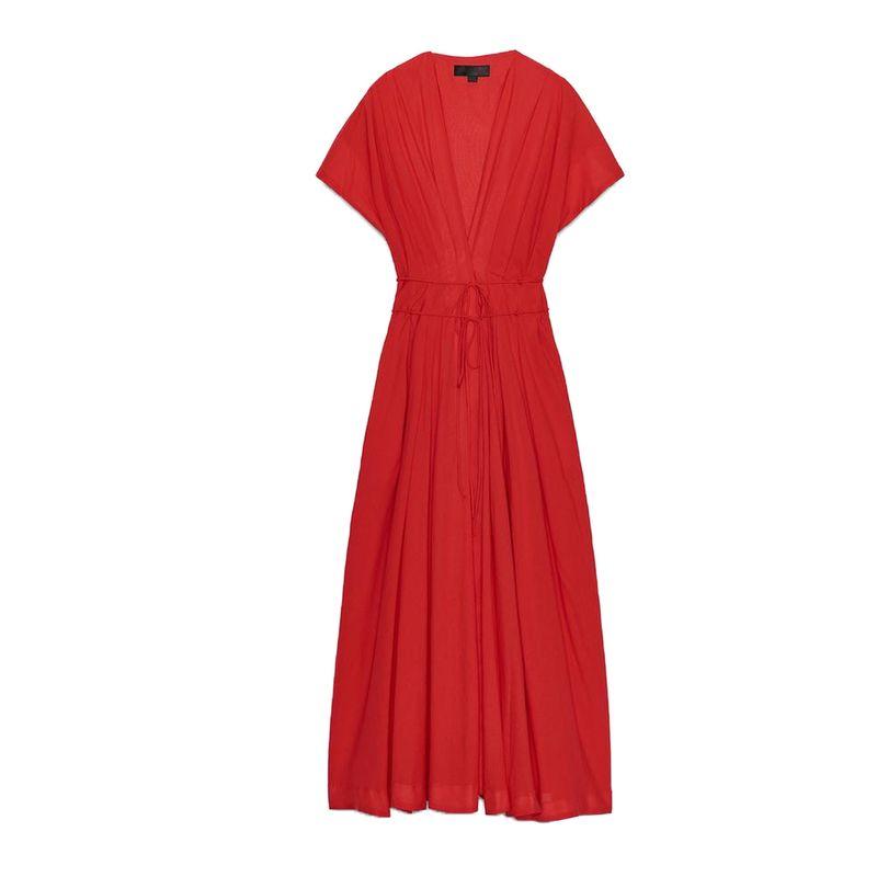 Summer Women's Cotton V Neck Drop Shoulder Short Sleeve Pleated Design Midi Skirt Dress 2965260 2965278