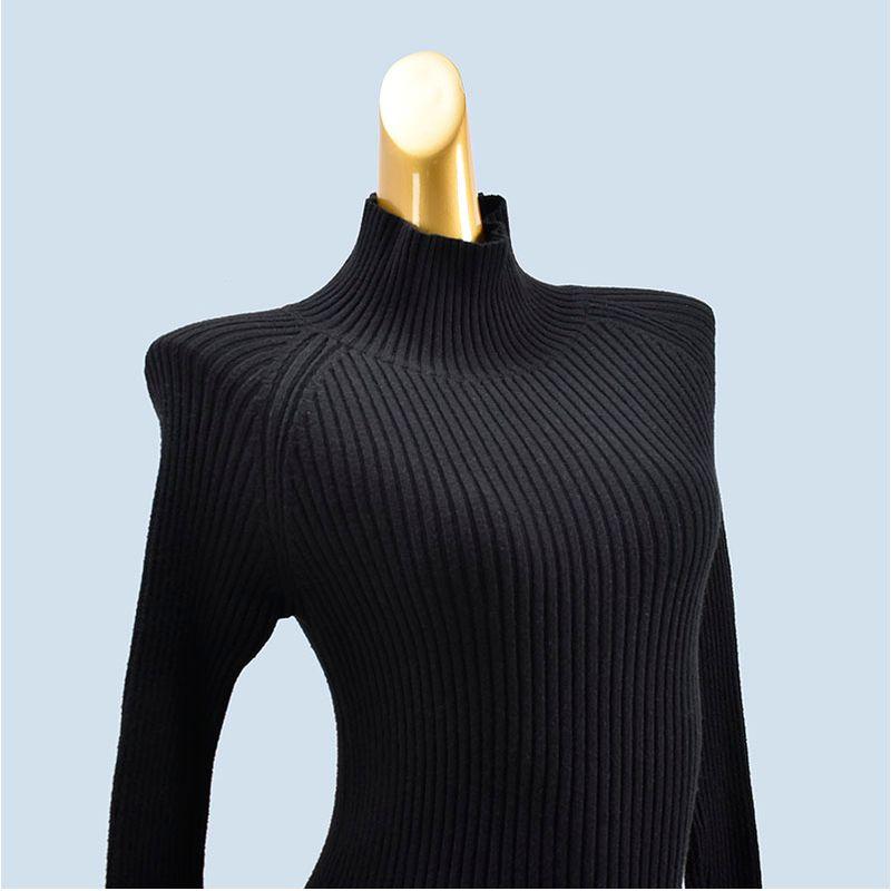 High Collar Pure Color Minimalist Silm Soft Glutinous Knitting Female Fall and Winter Inner Match Slimming Sunken Stripe Elastic Dress