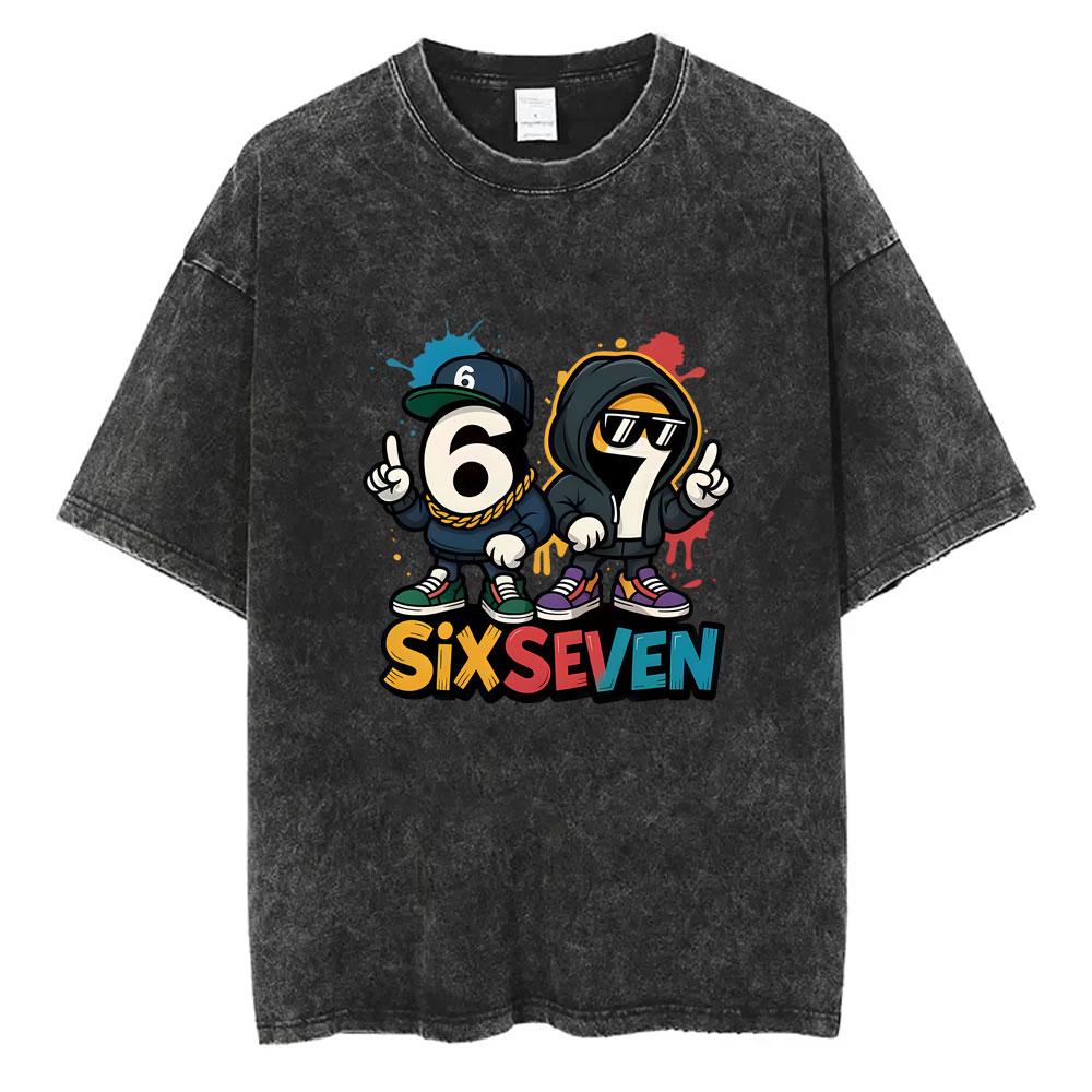 Funny Italian Brainrot Six Seven 67 Number Vintage Washed T-shirt Men Women Fashion Oversized Streetwear Male Casual Cotton Tees S разноцветный