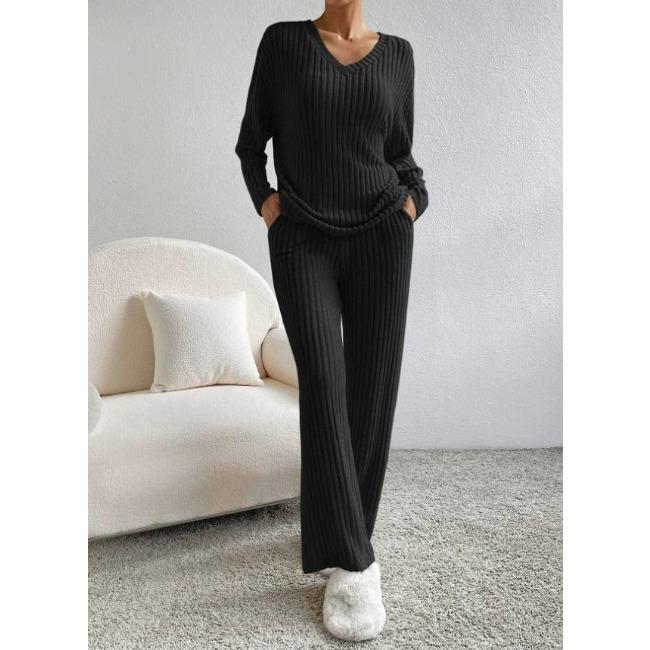 Spring Women Outfit Loose Knit Two Piece Set V Neck Top with Wide Leg Pants Casual Wear