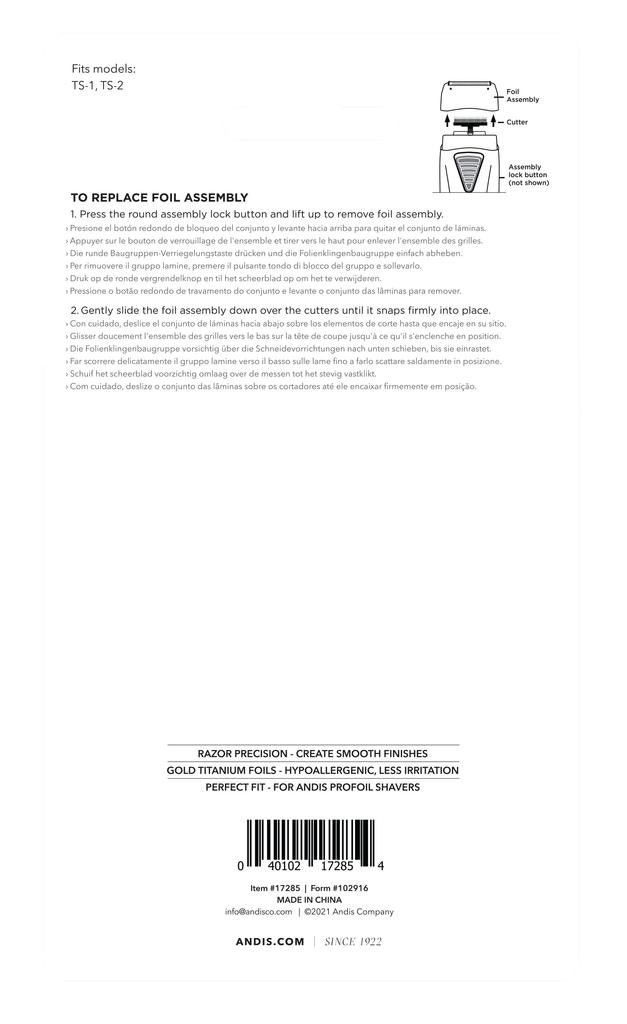 Andis 17285 Replacement Lithium Titanium Foil Assembly for ProFoil Gray Shaver,
