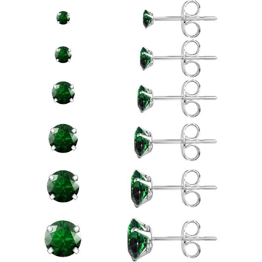 6 Pairs Stud Earrings Set, Hypoallergenic Cubic Zirconia 316L Earrings Stainless Steel CZ Earrings 3-8mm (Steel color)